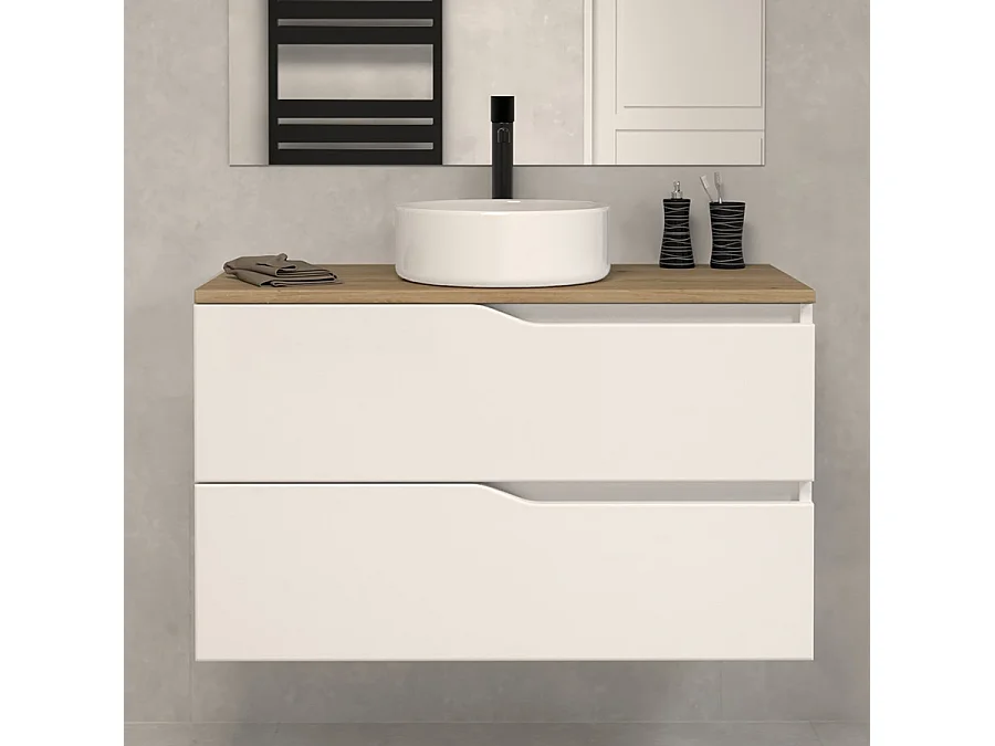 Meuble de salle de bain 90cm avec plateau miel et vasque à poser - 2 tiroirs - sans miroir - blanc - LUNA