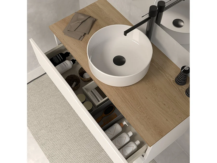 Meuble de salle de bain 90cm avec plateau miel et vasque à poser - 2 tiroirs - sans miroir - blanc - LUNA