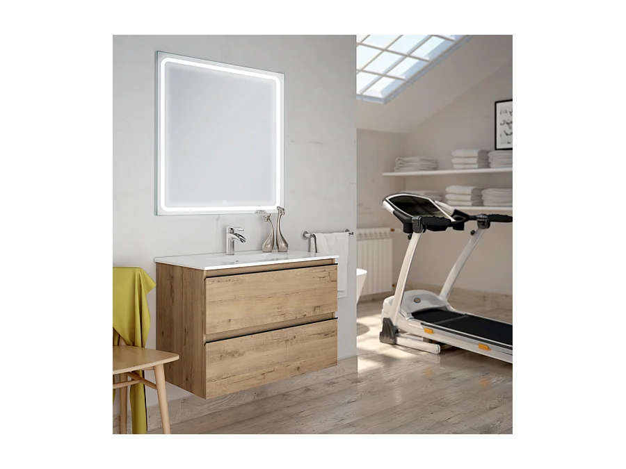 Meuble de salle de bain simple vasque - 2 tiroirs - TOURA et miroir Led VELDI - 80cm