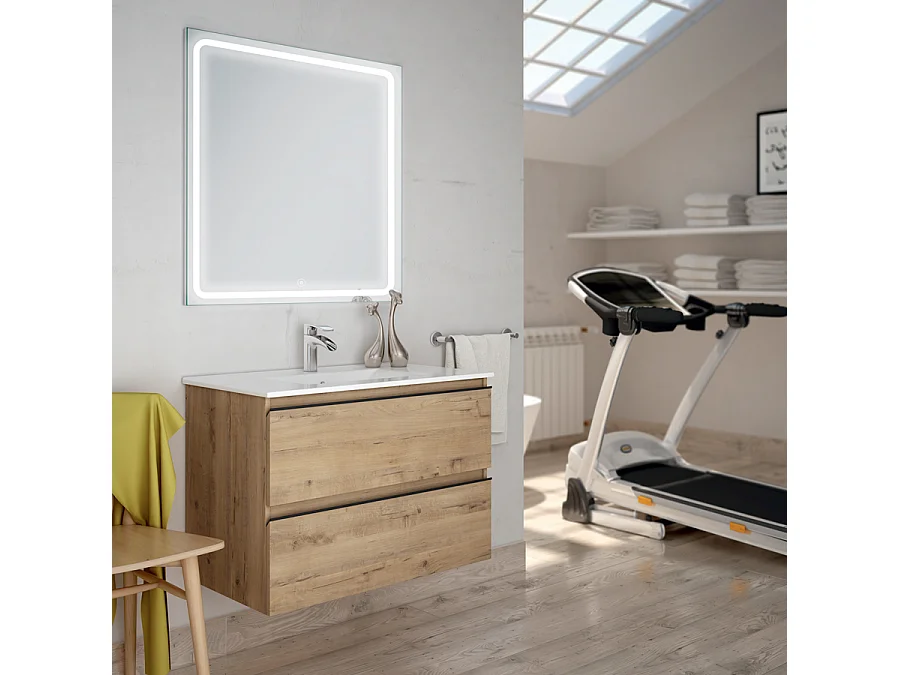 Meuble de salle de bain simple vasque - 2 tiroirs - TOURA et miroir Led VELDI - 80cm
