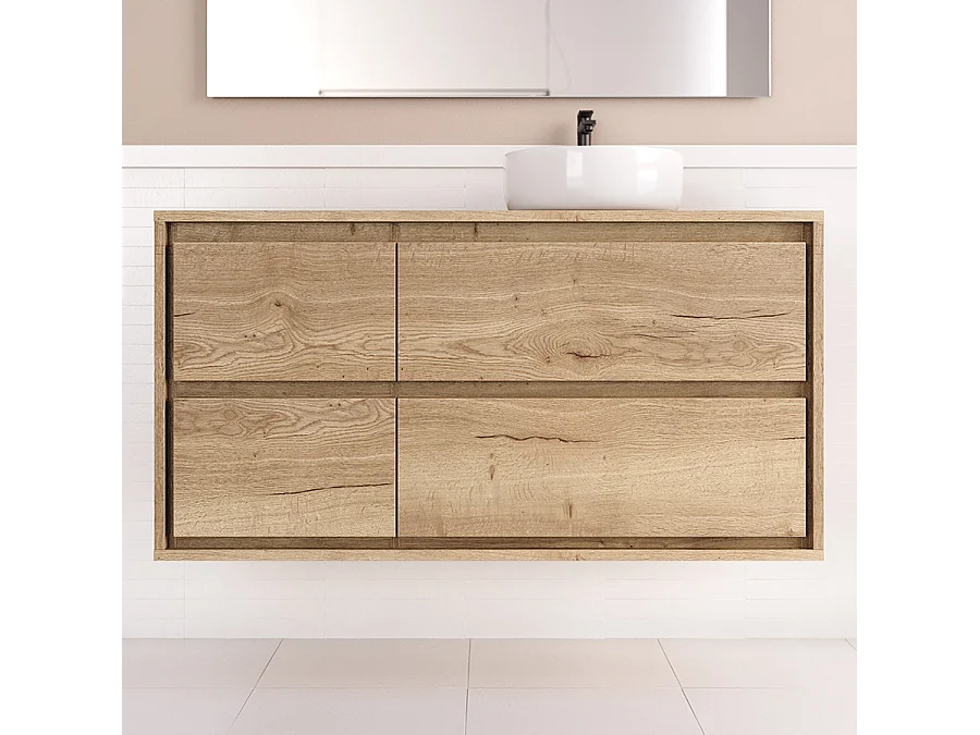 Meuble de salle de bain 120cm avec vasque à poser ronde - 4 tiroirs - sans miroir - roble sanctuary (chêne clair) - ETIO
