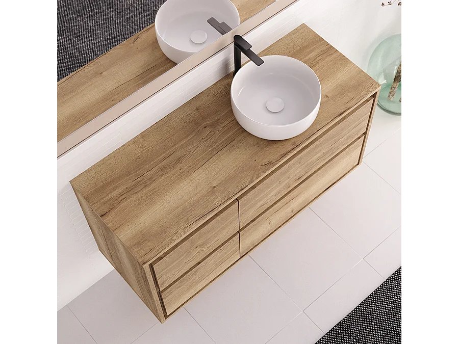 Meuble de salle de bain 120cm avec vasque à poser ronde - 4 tiroirs - sans miroir - roble sanctuary (chêne clair) - ETIO