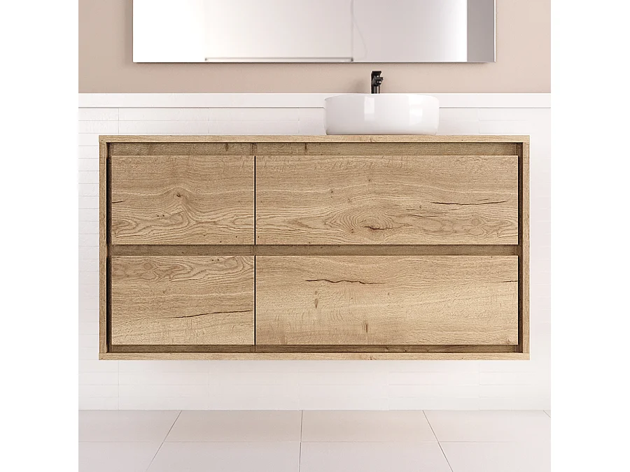 Meuble de salle de bain 120cm avec vasque à poser ronde - 4 tiroirs - sans miroir - roble sanctuary (chêne clair) - ETIO