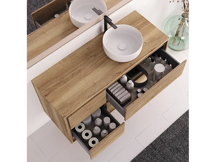 Meuble de salle de bain 120cm avec vasque à poser ronde - 4 tiroirs - sans miroir - roble sanctuary (chêne clair) - ETIO
