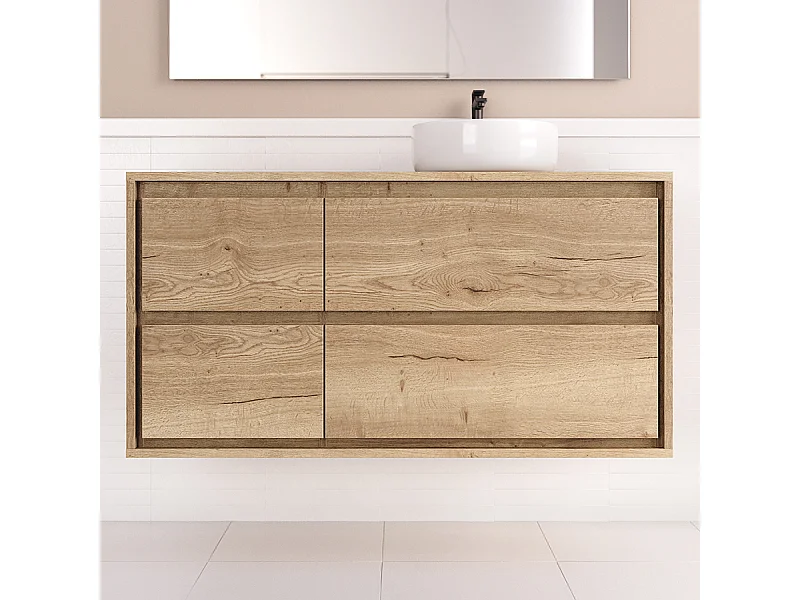 Meuble de salle de bain 120cm avec vasque à poser ronde - 4 tiroirs - sans miroir - roble sanctuary (chêne clair) - ETIO