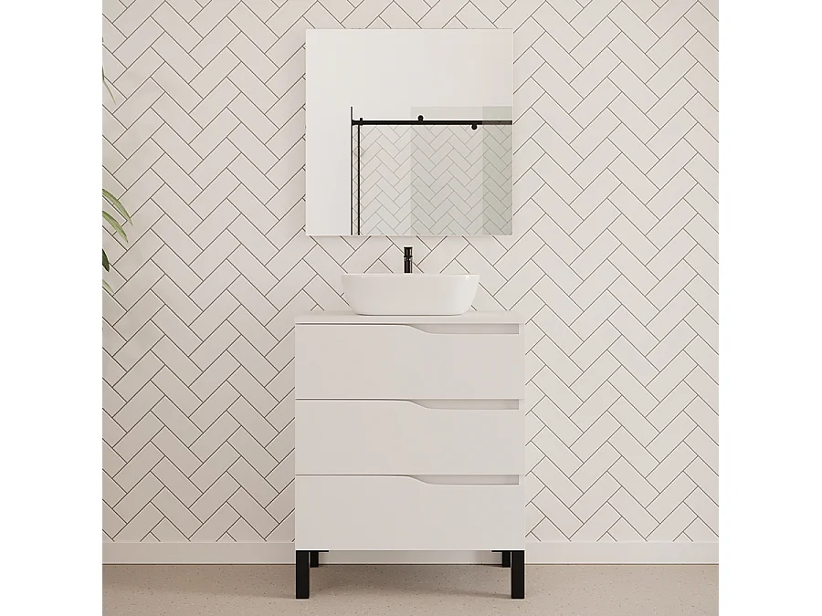 Meuble de salle de bain 60cm avec plateau et vasque à poser zeus - 3 tiroirs - blanc - MATA