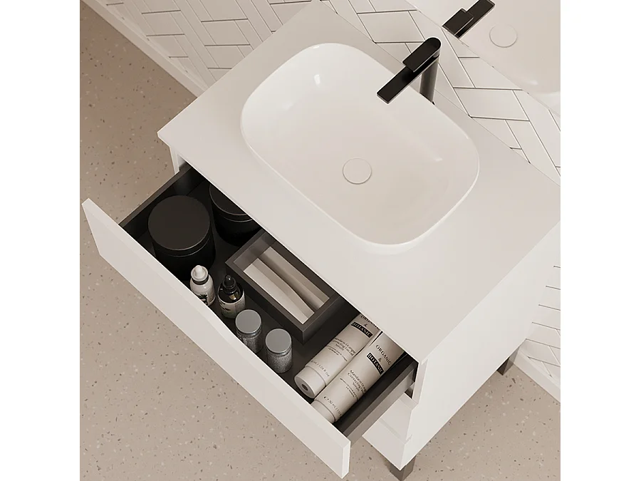 Meuble de salle de bain 60cm avec plateau et vasque à poser zeus - 3 tiroirs - blanc - MATA