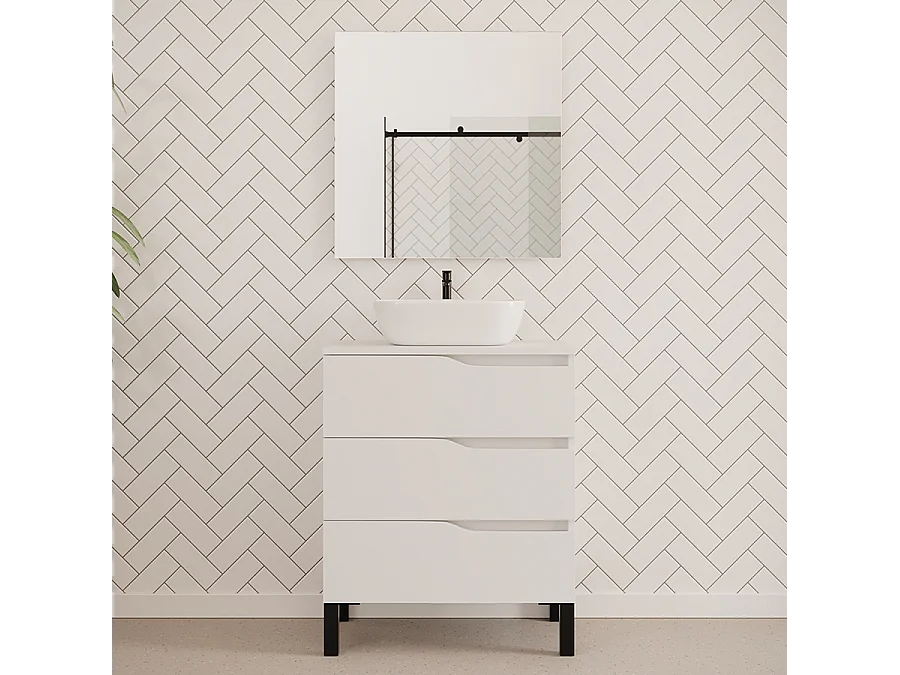 Meuble de salle de bain 60cm avec plateau et vasque à poser zeus - 3 tiroirs - blanc - MATA