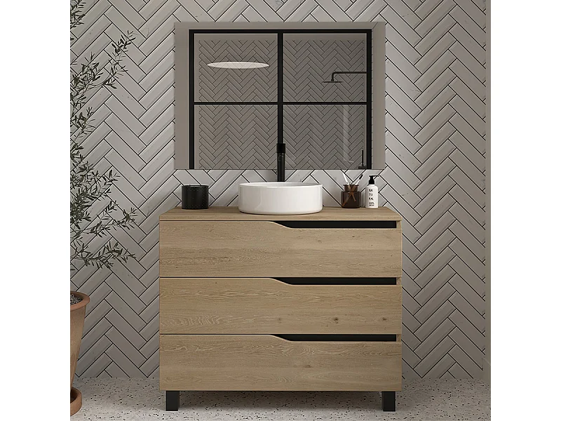 Meuble de salle de bain 100 avec plateau et vasque à poser - 3 tiroirs - madera miel (bois clair) - MATA