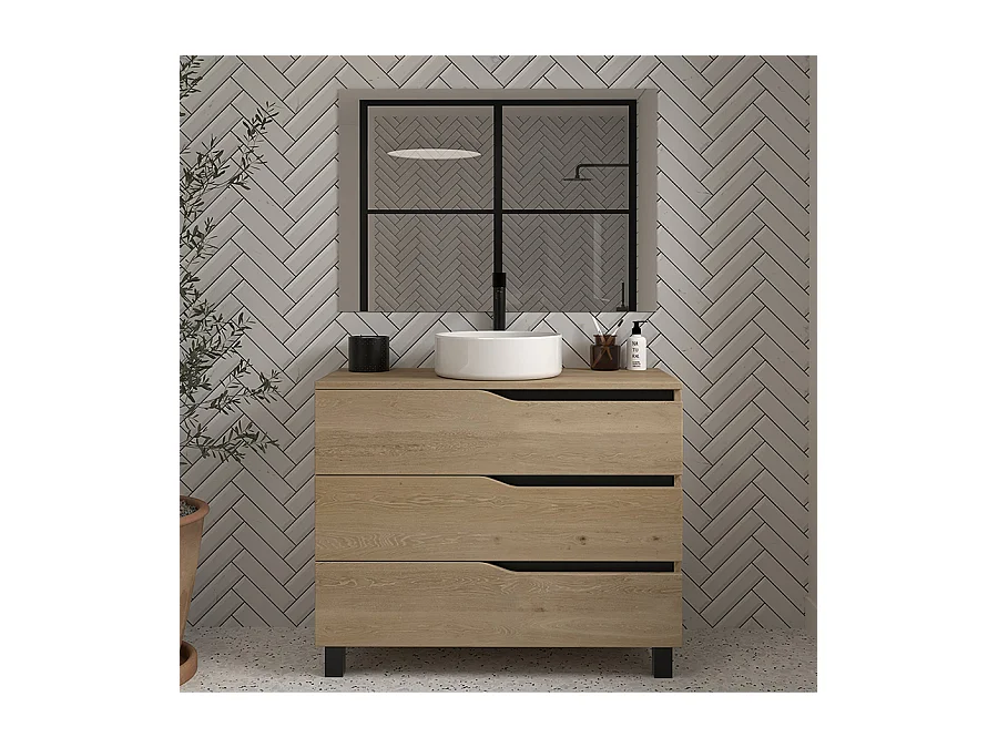 Meuble de salle de bain 100 avec plateau et vasque à poser - 3 tiroirs - madera miel (bois clair) - MATA