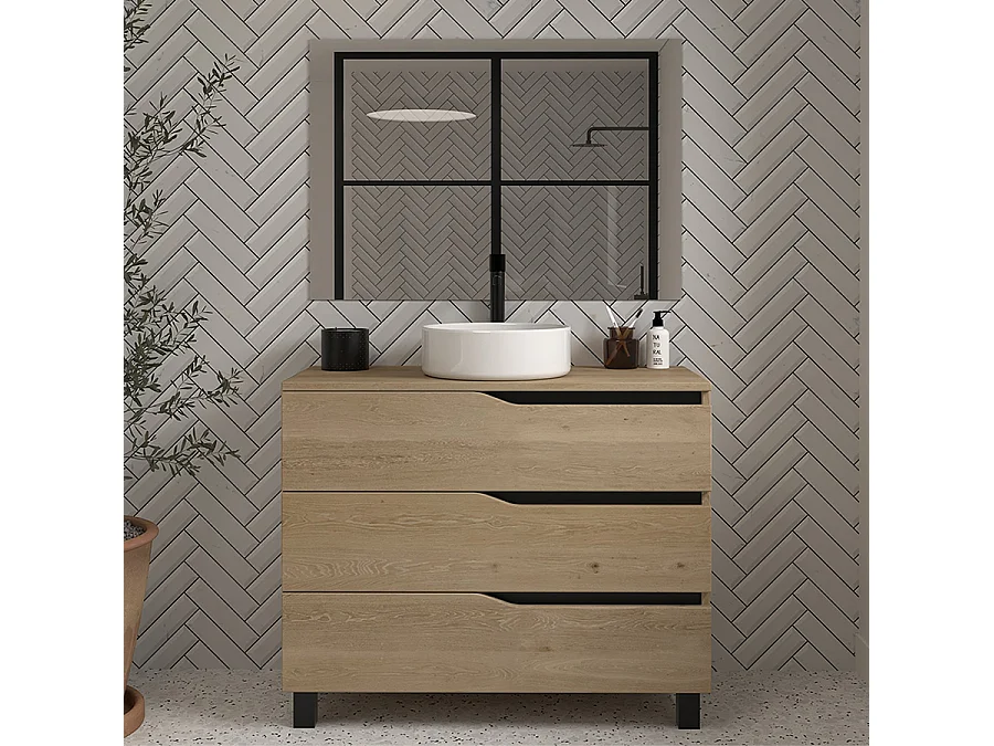 Meuble de salle de bain 100 avec plateau et vasque à poser - 3 tiroirs - madera miel (bois clair) - MATA
