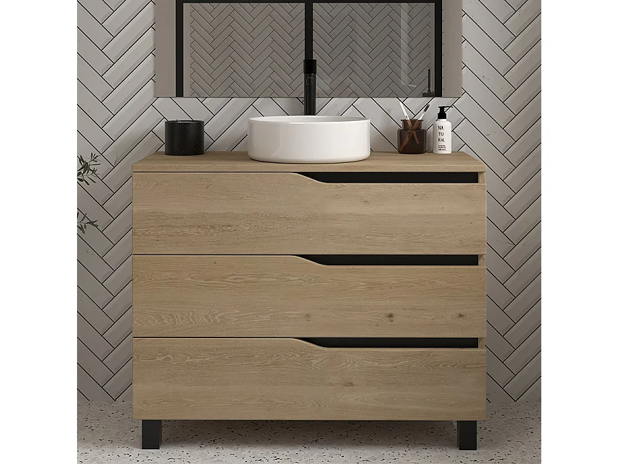 Meuble de salle de bain 100 avec plateau et vasque à poser - 3 tiroirs - madera miel (bois clair) - MATA