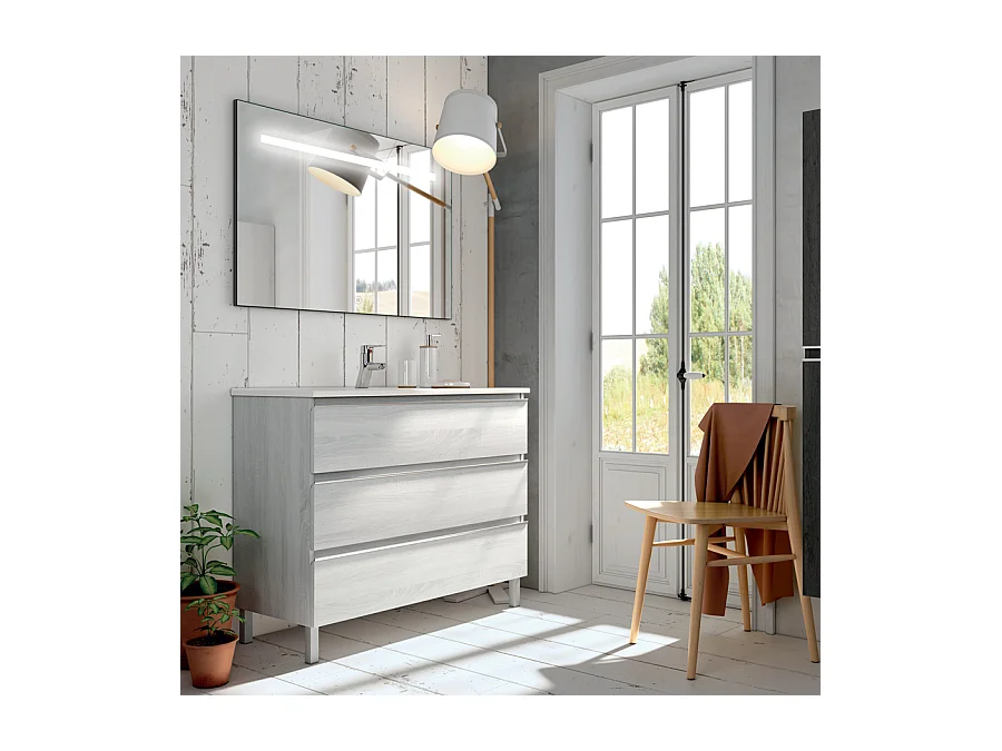 Meuble de salle de bain simple vasque - 3 tiroirs - PALMA et miroir Led STAM - hibernian (bois blanchi) - 100cm