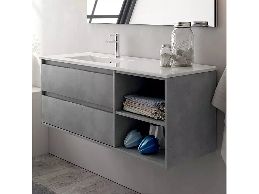 Meuble de salle de bain 120cm vasque déportée - 2 tiroirs et 2 niches - sans miroir - OLYMPE - ciment (gris)
