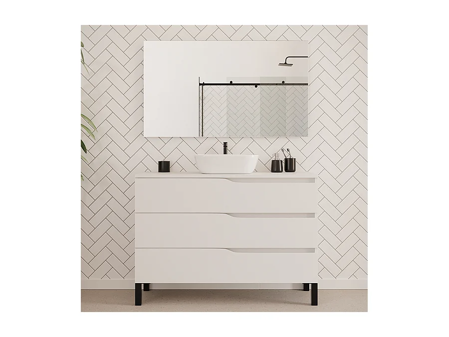 Meuble de salle de bain 120cm avec plateau et vasque à poser zeus - 3 tiroirs - blanc - MATA