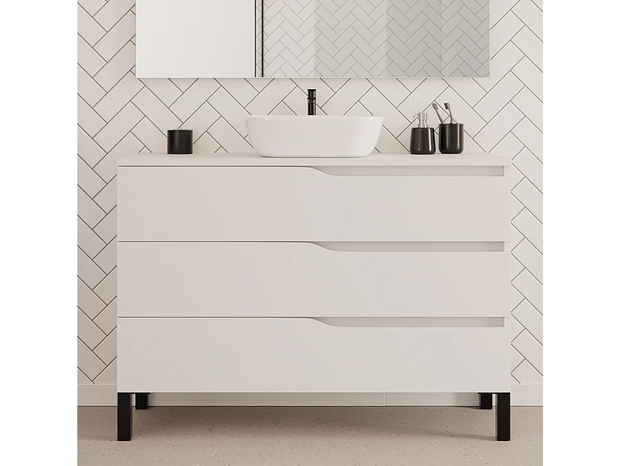Meuble de salle de bain 120cm avec plateau et vasque à poser zeus - 3 tiroirs - blanc - MATA