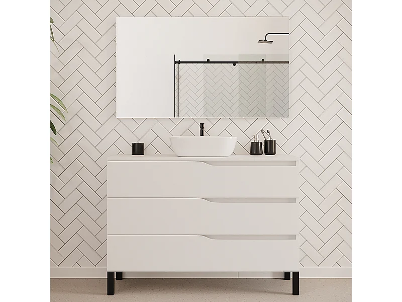 Meuble de salle de bain 120cm avec plateau et vasque à poser zeus - 3 tiroirs - blanc - MATA
