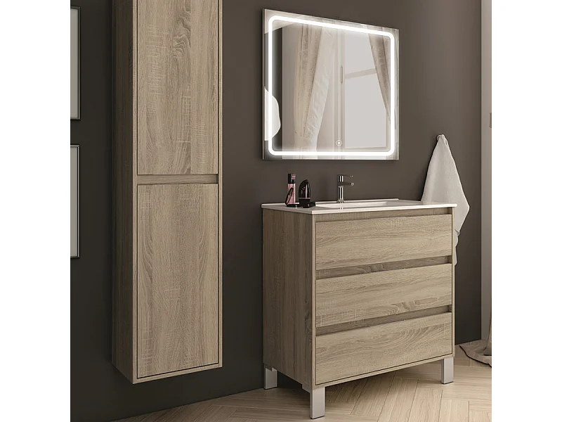 Meuble de salle de bain simple vasque - 3 tiroirs - TIRIS 3C et miroir Led VELDI - cambrian (chêne) - 100cm