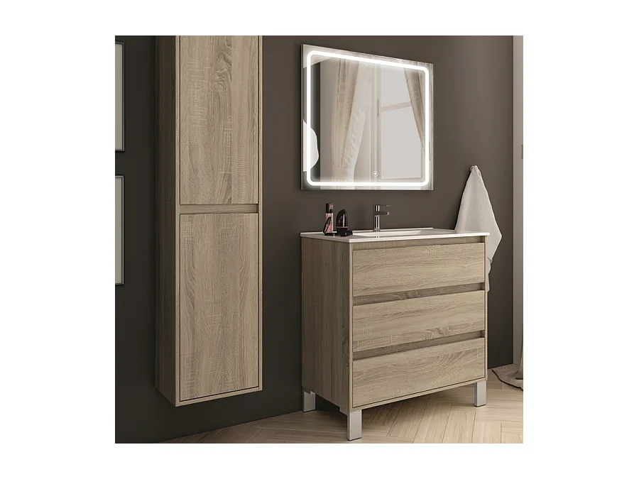 Meuble de salle de bain simple vasque - 3 tiroirs - TIRIS 3C et miroir Led VELDI - cambrian (chêne) - 100cm