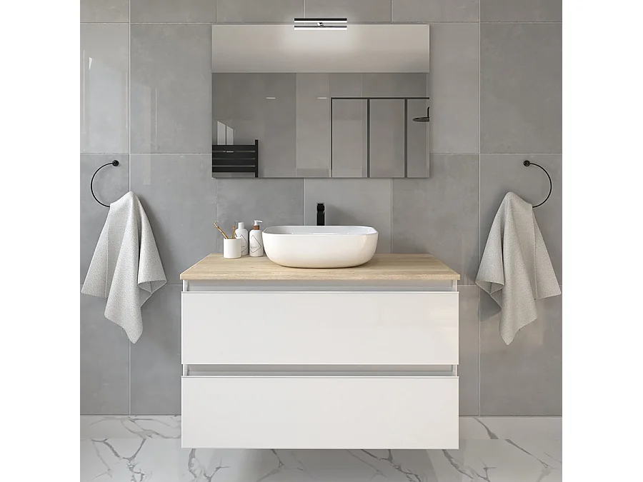 Meuble de salle de bain 2 tiroirs avec vasque à poser arrondie et miroir avec applique BALEA - Blanc - 80cm