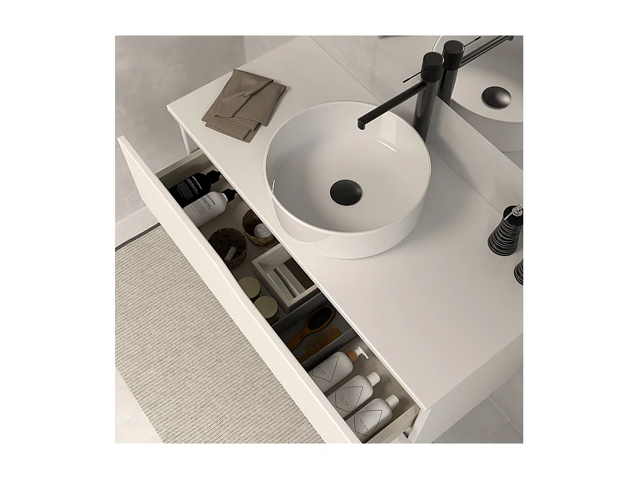 Meuble de salle de bain 100 avec plateau et vasque à poser - sans miroir - 2 tiroirs - blanc - LUNA