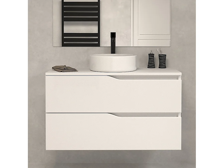 Meuble de salle de bain 100 avec plateau et vasque à poser - sans miroir - 2 tiroirs - blanc - LUNA
