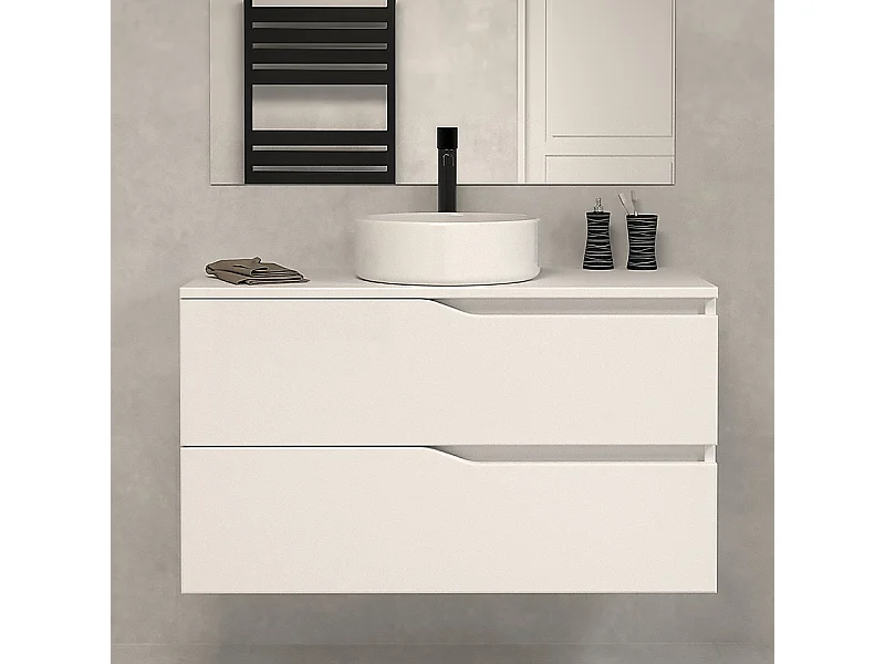 Meuble de salle de bain 100 avec plateau et vasque à poser - sans miroir - 2 tiroirs - blanc - LUNA