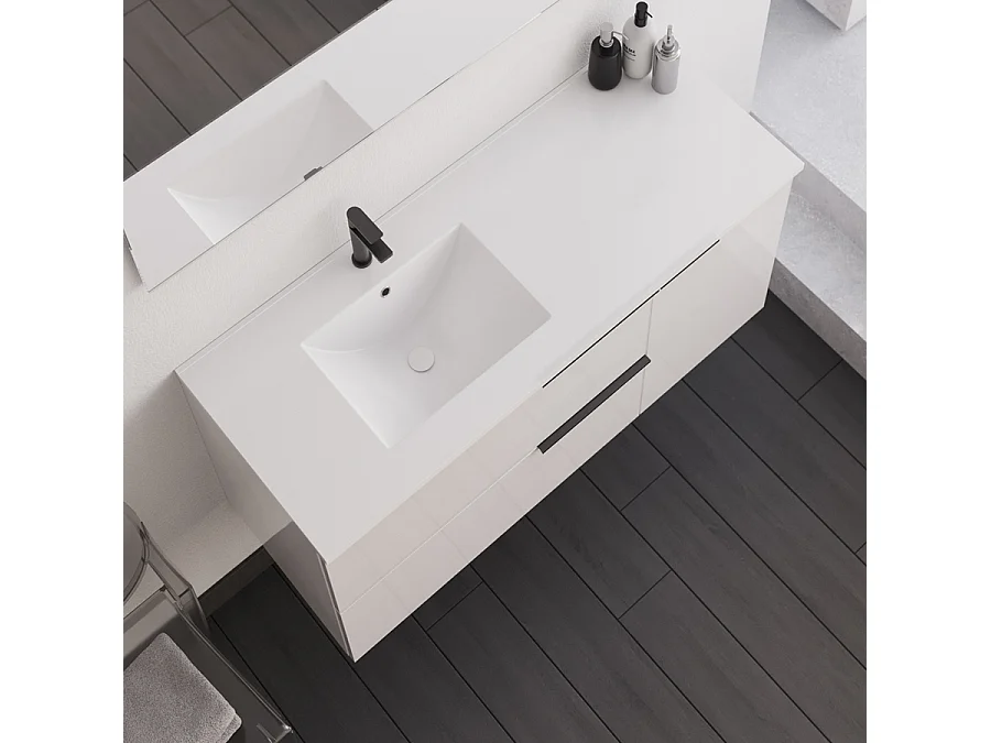 Meuble de salle de bain 100cm avec vasque déportée - 2 tiroirs - sans miroir - blanc - KING