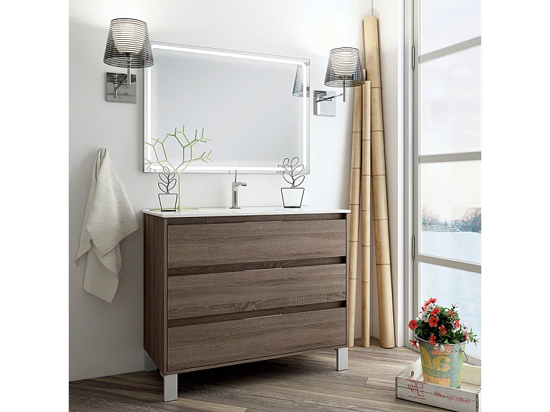 Meuble de salle de bain simple vasque - 3 tiroirs - TIRIS 3C et miroir Led VELDI - britannia (chêne foncé) - 80cm