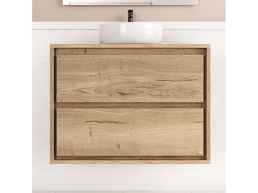 Meuble de salle de bain 80cm avec vasque à poser ronde - 2 tiroirs - sans miroir - roble sanctuary (chêne clair) - ETIO