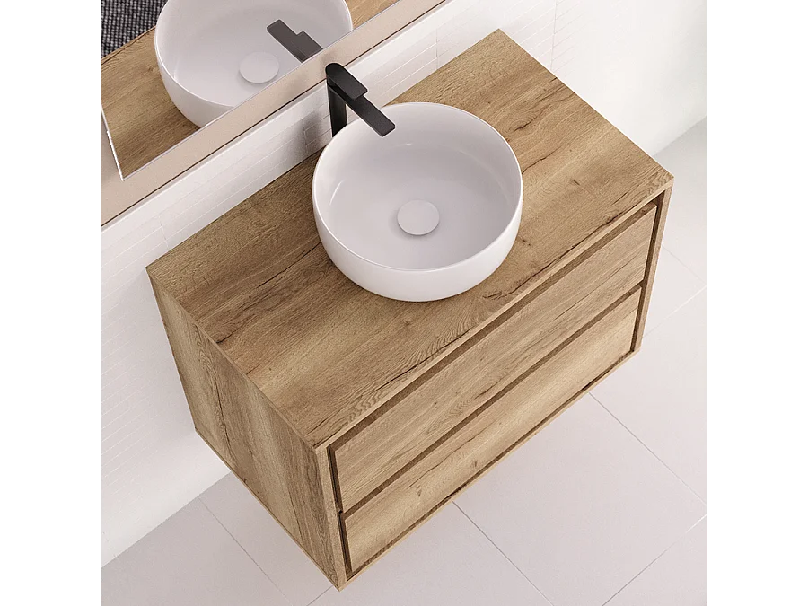 Meuble de salle de bain 80cm avec vasque à poser ronde - 2 tiroirs - sans miroir - roble sanctuary (chêne clair) - ETIO