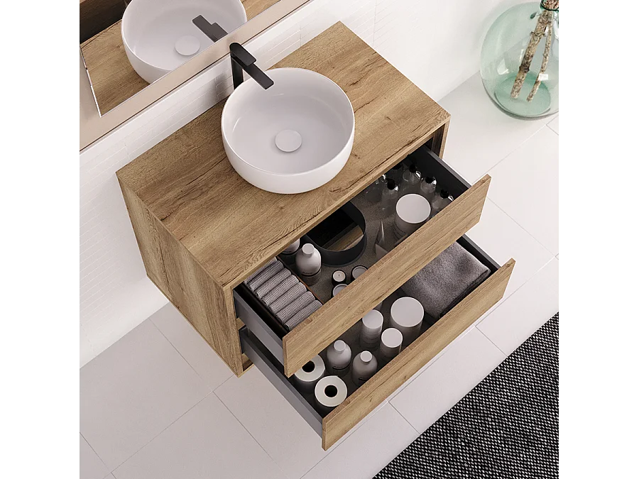 Meuble de salle de bain 80cm avec vasque à poser ronde - 2 tiroirs - sans miroir - roble sanctuary (chêne clair) - ETIO