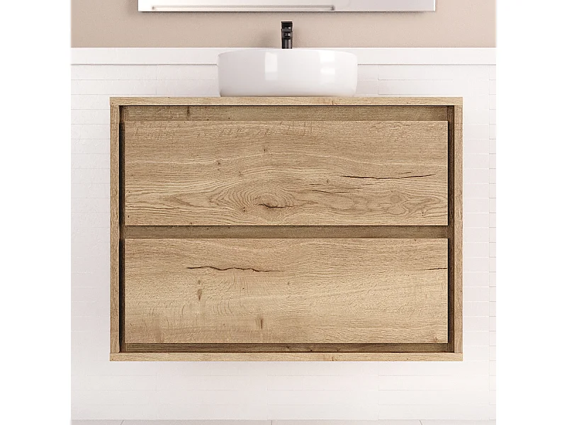 Meuble de salle de bain 80cm avec vasque à poser ronde - 2 tiroirs - sans miroir - roble sanctuary (chêne clair) - ETIO