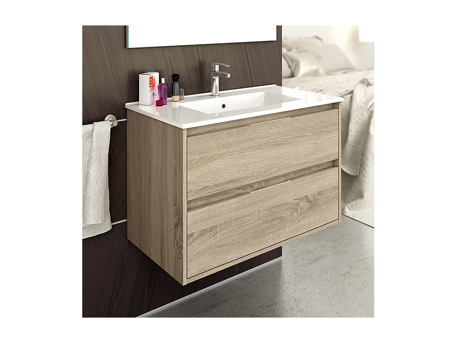 Meuble de salle de bain 80cm simple vasque - 2 tiroirs - sans miroir - IRIS - cambrian (chêne)