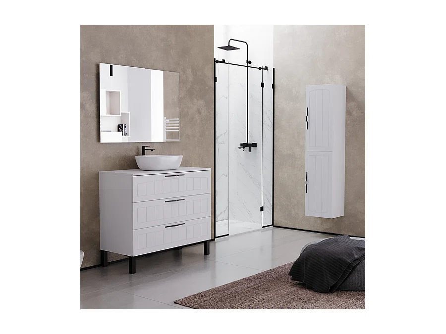 Meuble de salle de bain 100cm avec plateau et vasque à poser ovale - 3 tiroirs - sans miroir - blanc - CALA