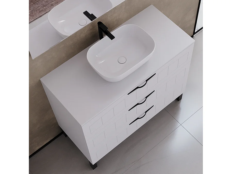 Meuble de salle de bain 100cm avec plateau et vasque à poser ovale - 3 tiroirs - sans miroir - blanc - CALA