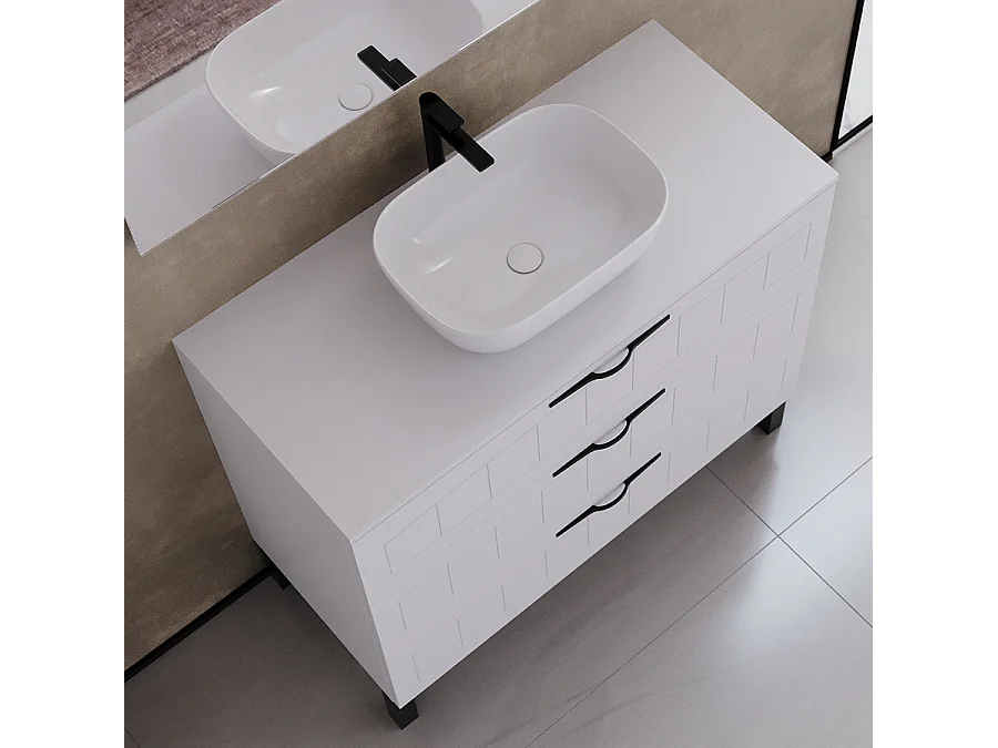 Meuble de salle de bain 100cm avec plateau et vasque à poser ovale - 3 tiroirs - sans miroir - blanc - CALA