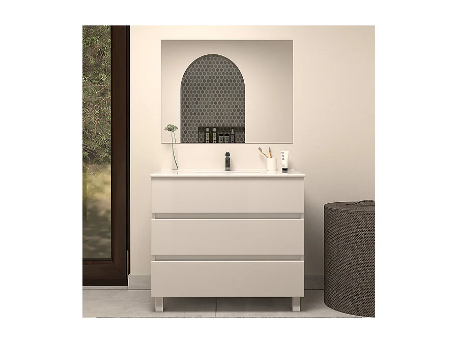 Meuble de salle de bain 80cm simple vasque - 3 tiroirs - blanc - MAYOR