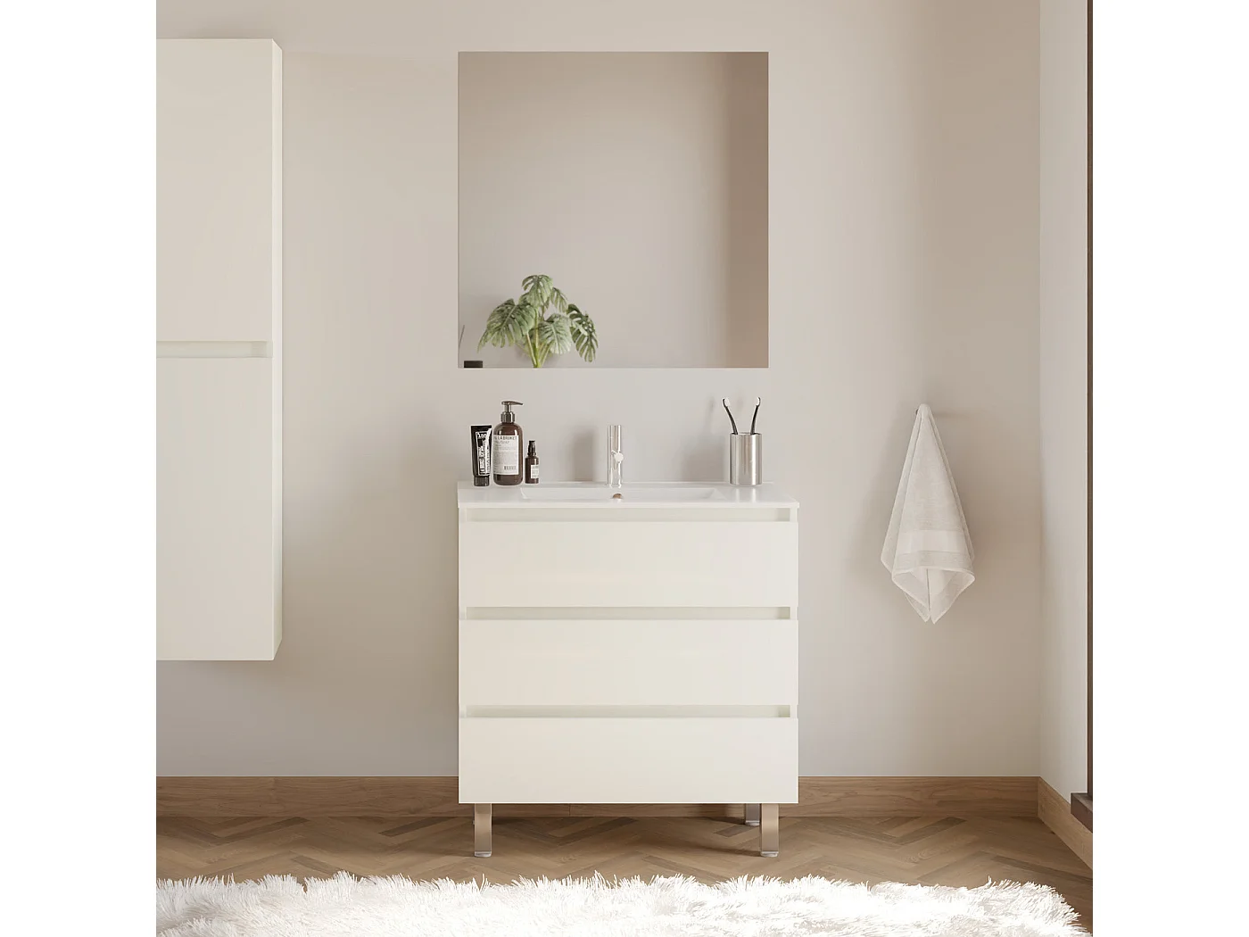 Meuble de salle de bain 80cm simple vasque - 3 tiroirs - blanc - MAYOR