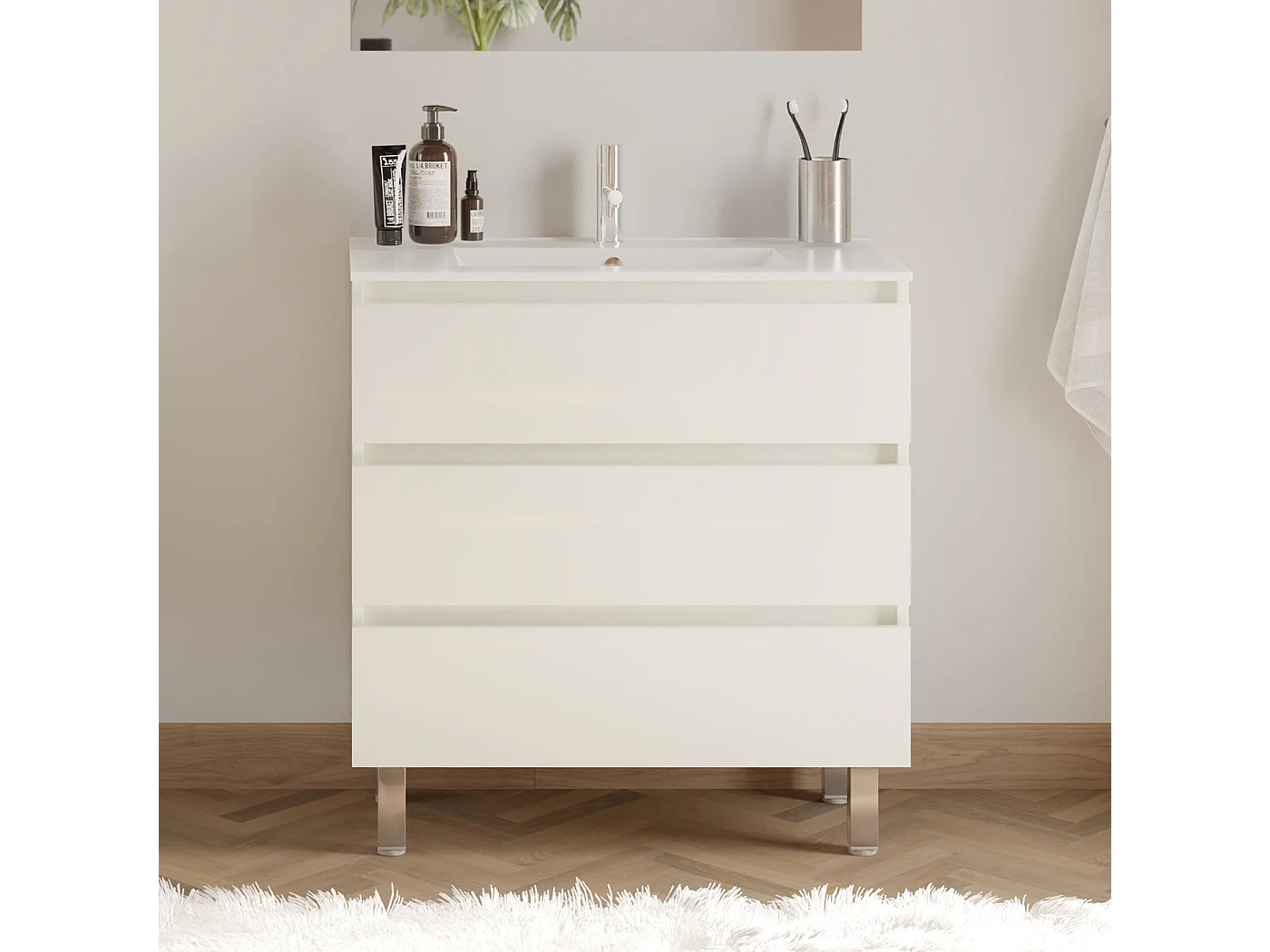 Meuble de salle de bain 80cm simple vasque - 3 tiroirs - blanc - MAYOR