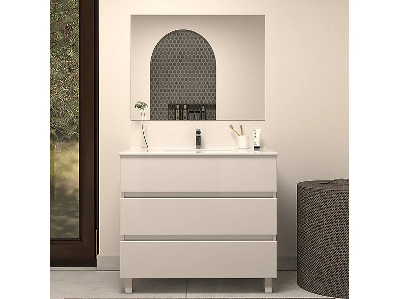 Meuble de salle de bain 80cm simple vasque - 3 tiroirs - blanc - MAYOR