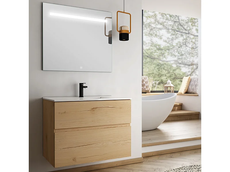 Meuble de salle de bain simple vasque - 2 tiroirs - MIG et miroir Led STAM - roble (chêne clair) - 80cm