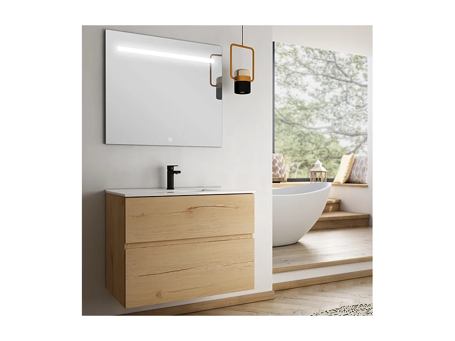 Meuble de salle de bain simple vasque - 2 tiroirs - MIG et miroir Led STAM - roble (chêne clair) - 70cm