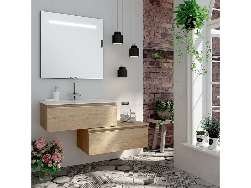 Meuble de salle de bain simple vasque -  2 tiroirs - PENA et miroir Led STAM - bambou (chêne clair) - 120cm