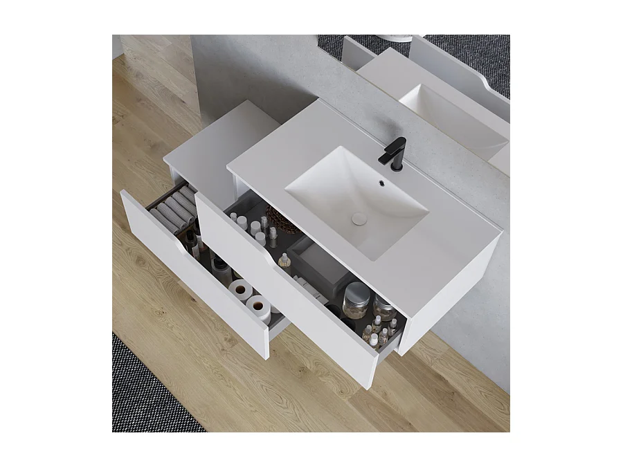 Meuble de salle de bain 120cm avec plan simple vasque - 2 tiroirs - blanc - CADIX