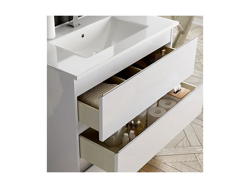 Meuble de salle de bain 100cm simple vasque - 2 tiroirs - sans miroir - BALEA - blanc