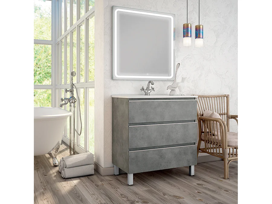 Meuble de salle de bain simple vasque - 3 tiroirs - PALMA et miroir Led VELDI - ciment (gris) - 80cm