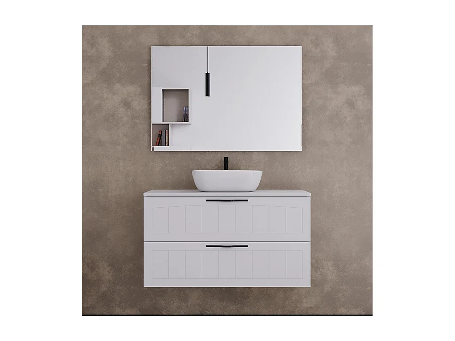 Meuble de salle de bain 100cm avec plateau et vasque à poser ovale - 2 tiroirs - blanc - PIA