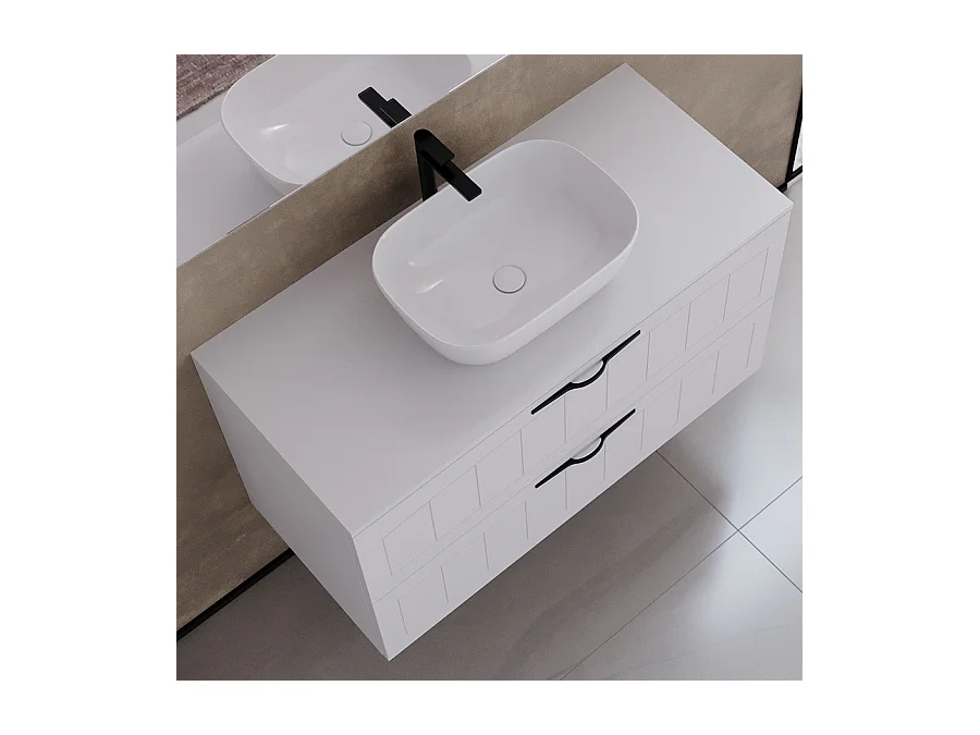 Meuble de salle de bain 100cm avec plateau et vasque à poser ovale - 2 tiroirs - blanc - PIA