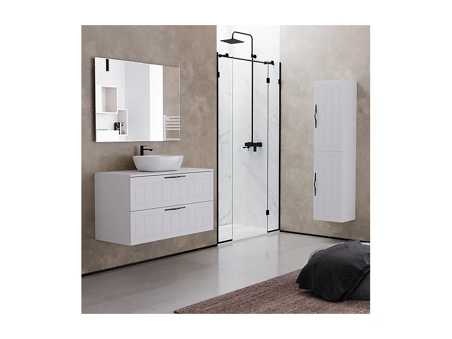 Meuble de salle de bain 100cm avec plateau et vasque à poser ovale - 2 tiroirs - blanc - PIA